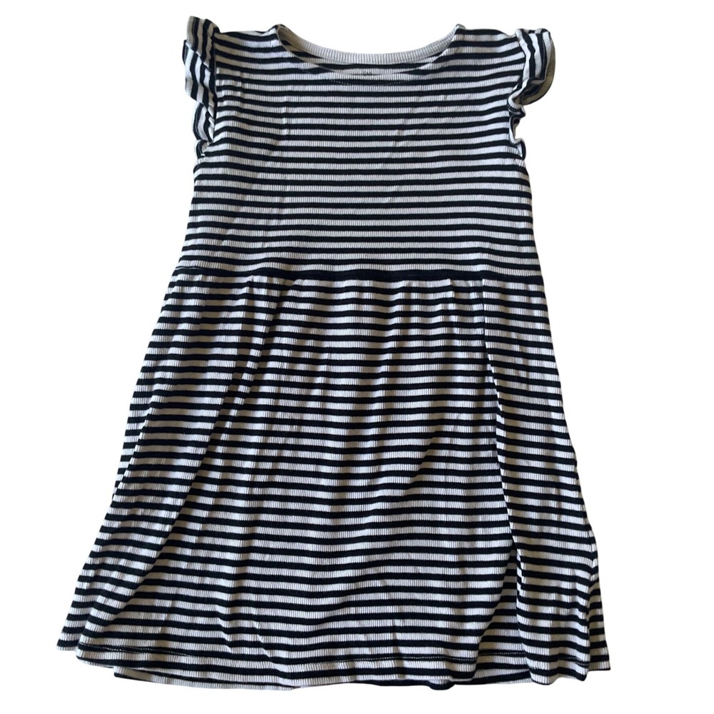 HM Girls Black White Striped Flutter Sleeve Ribbed Knit Dress Size 4-6Y